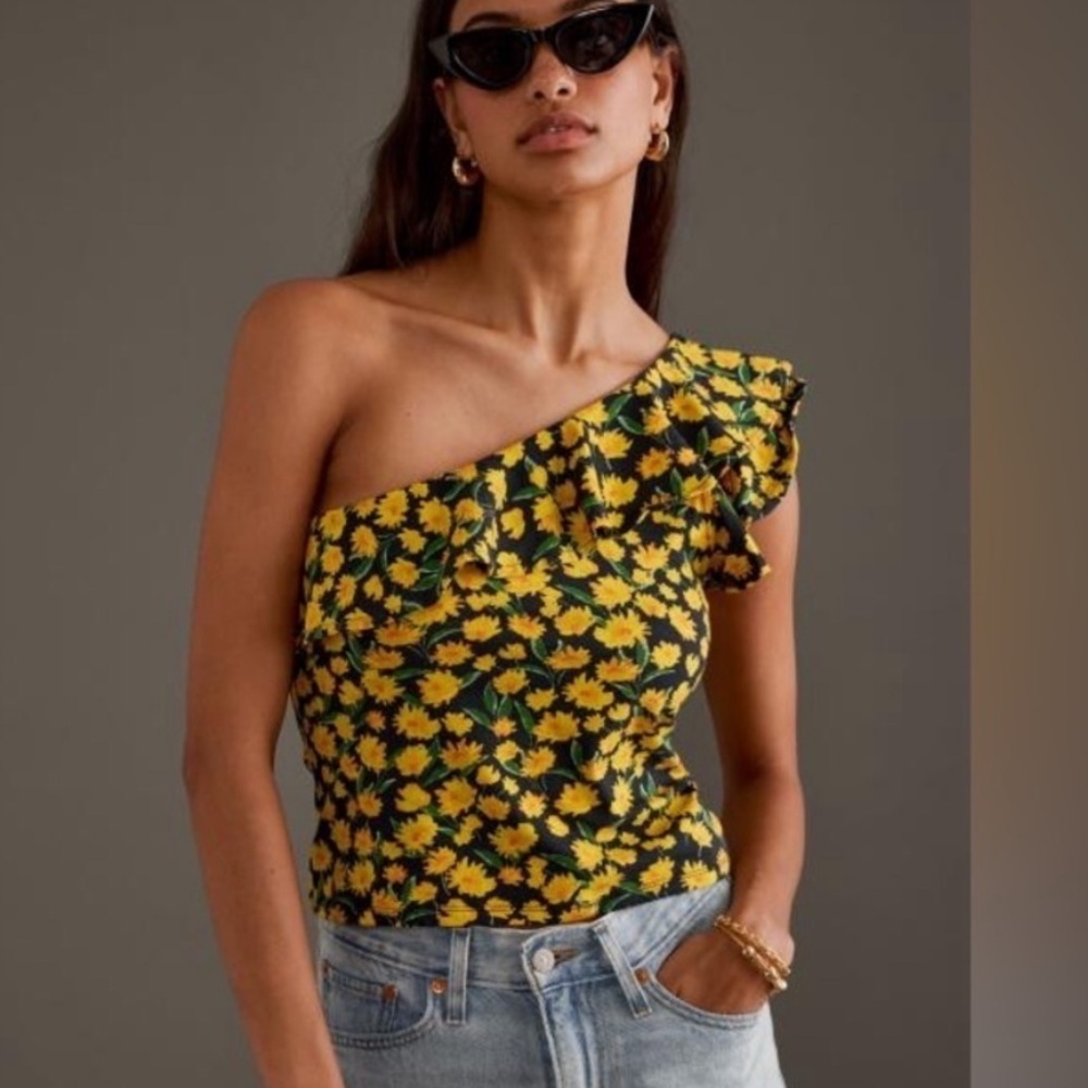 Anthropologie Maeve One-Shoulder Ruffled Top black yellow sunflower